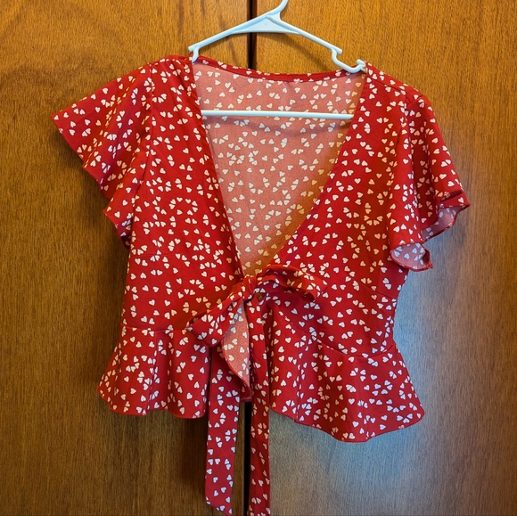 shein Size M red with white heart wrap crop ruffle top - Picture 1 of 5